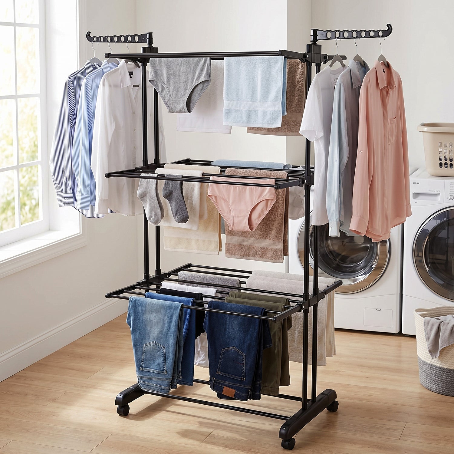 Wukusy metal expandable garment rack with 3 layers, cloth drying stand on wheels, suitable for clothes drying and storage