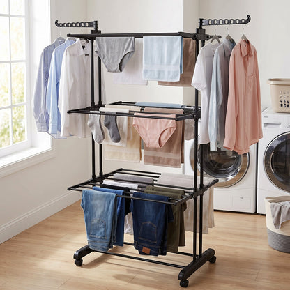 Wukusy metal expandable garment rack with 3 layers, cloth drying stand on wheels, suitable for clothes drying and storage