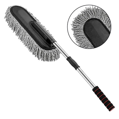 Wukusy car cleaning kit with retractable duster, mini soft brush, AC vent cleaner, and microfiber cloth for interior and exterior cleaning.