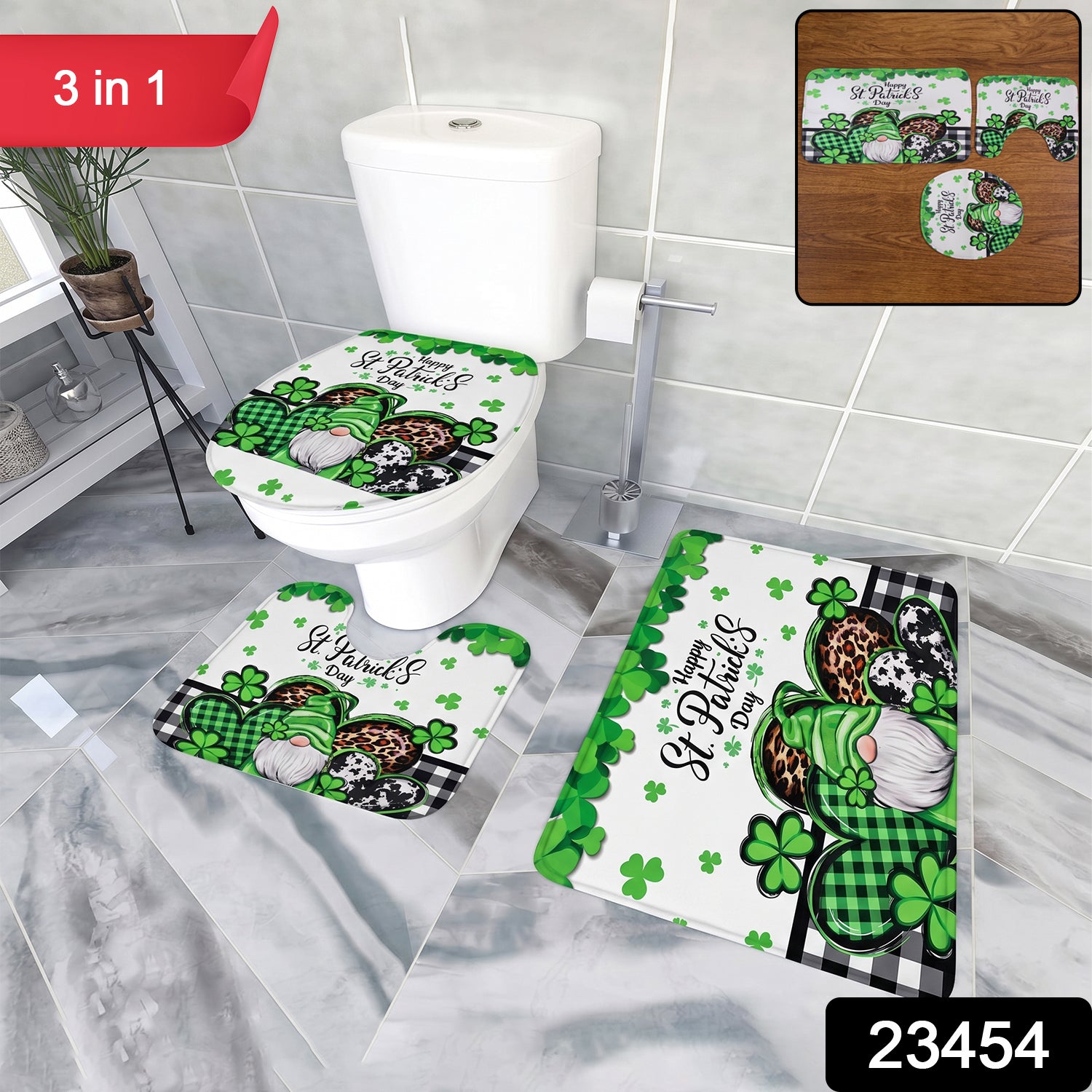 Wukusy 3-in-1 bathroom mat set with mixed design, including a bath mat, contour rug, and shower curtain for bathroom decor.