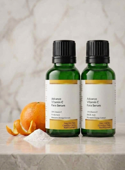 Drpshippr Advance Vitamin C Face Serum bottles, 2-pack, in clear glass with dropper caps, for brightening and skincare.