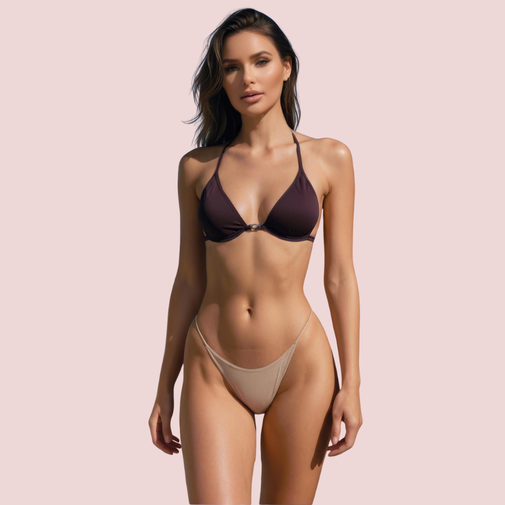 Snazzyway classic halter triangle bikini top in deep espresso brown, featuring adjustable straps and a flattering fit.