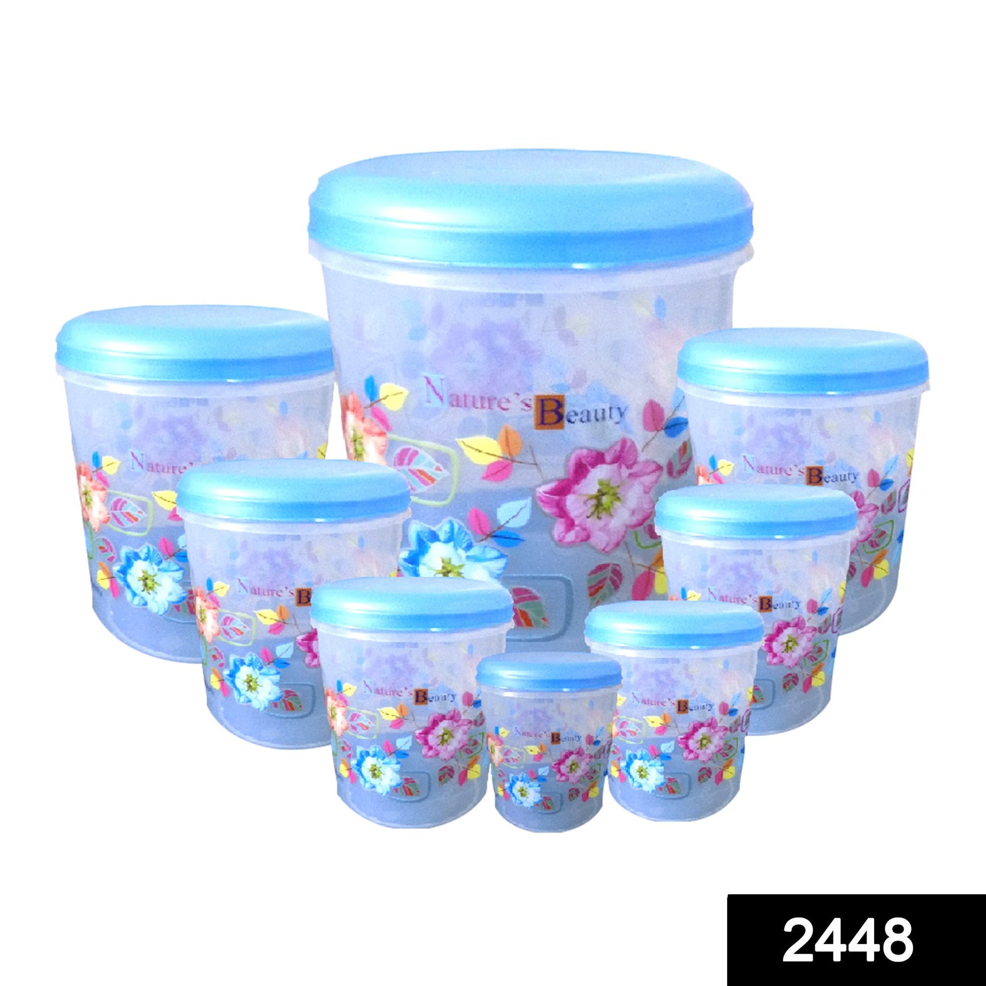 Wukusy 2448 air-tight plastic transparent container set with 10L, 7L, 5L, 3L, 2L, 1L, 750ml, and 500ml storage jars