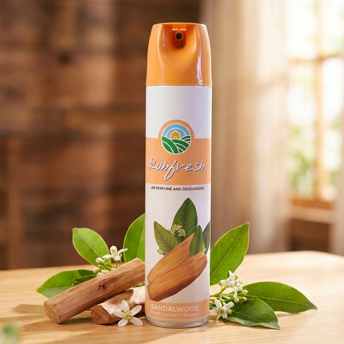 Wukusy Sandalwood air freshener spray bottle, 220ml, with a sleek design and sandalwood scent visible in the image.