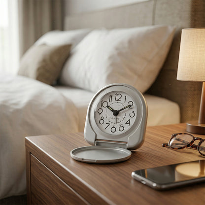 Wukusy compact foldable travel alarm clock with digital display, silver finish, and foldable design for portability.