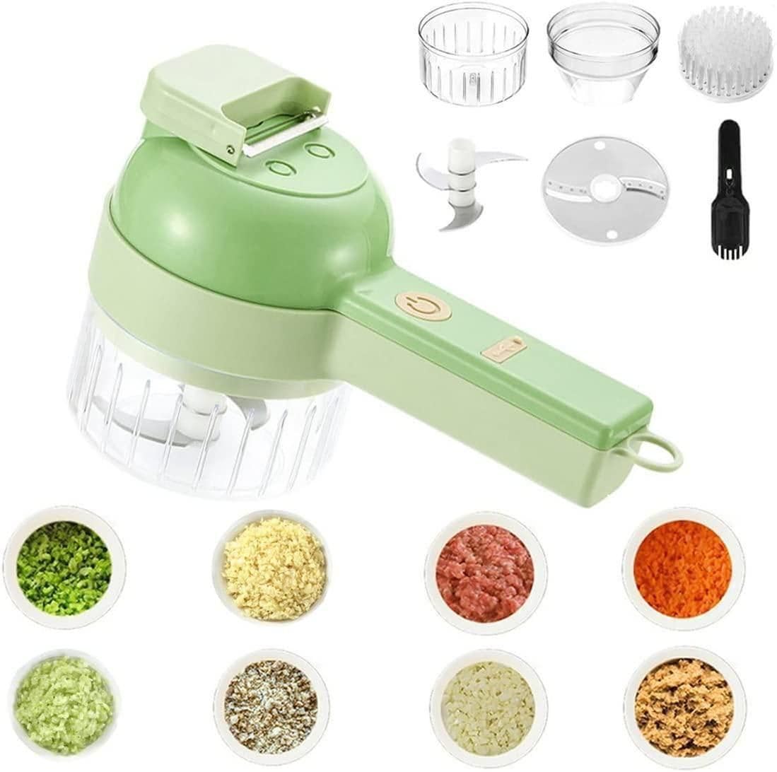 Portable electric vegetable cutter set by Drpshippr, showing the compact device with blades and vegetables ready for chopping.
