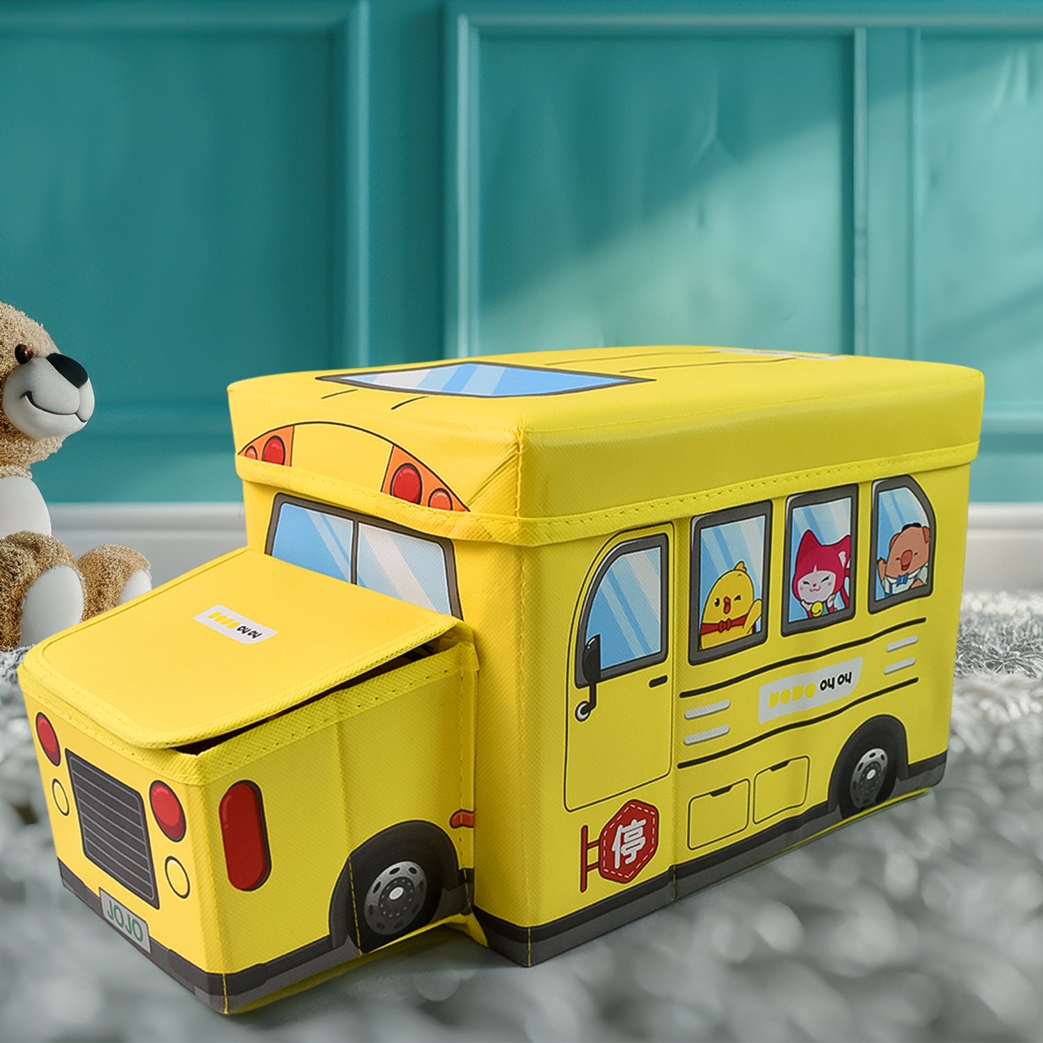 Wukusy school bus-shaped portable toy box with lid, foldable storage container for children's toys and playroom organization.