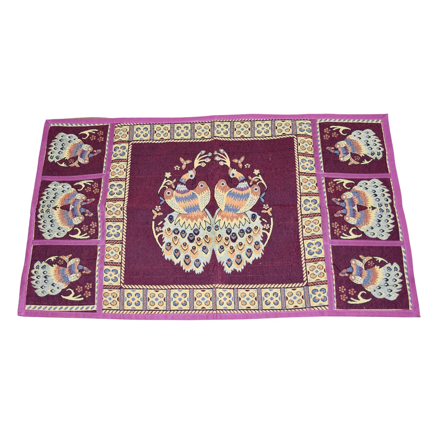 Wukusy cotton fridge top cover set with peacock design, includes six utility side pockets, dustproof for standard refrigerators.