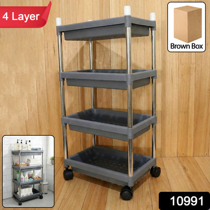 Wukusy 4-layer rolling storage cart with wheels, versatile home and kitchen organization, featuring sturdy metal frame and easy-glide casters.