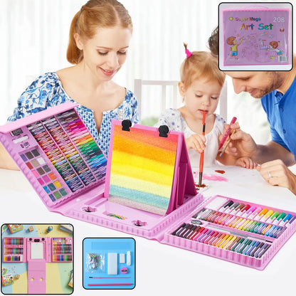 Wukusy Super Mega Art Craft Drawing Coloring Kit with 208 pieces including crayons, markers, and drawing tools on a white background.
