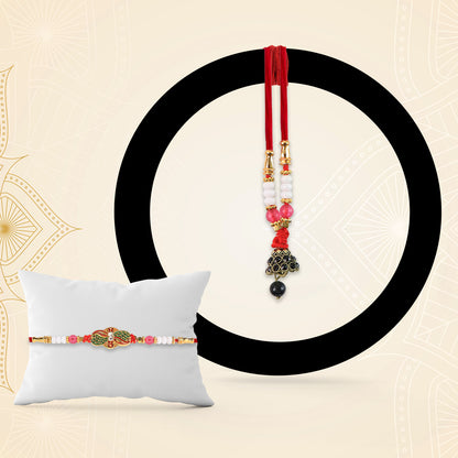 Elegant pink beaded Bhabhi Lumba Rakhi with butterfly design and stone work, featuring tassels, by Wukusy in fashion accessory image.