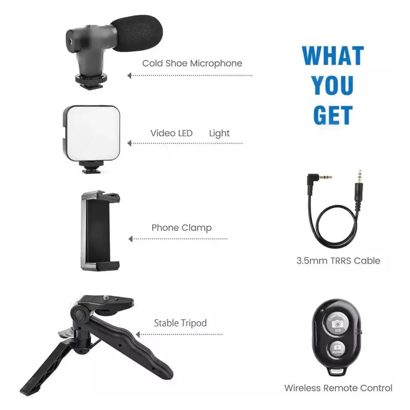 Ekom vlogging kit with mini tripod, LED light, phone holder clip, and microphone for video creation and filming.