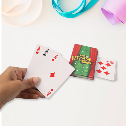 Wukusy Premium Magic Show Playing Cards set featuring a deck of colorful magician-themed cards on a white background.