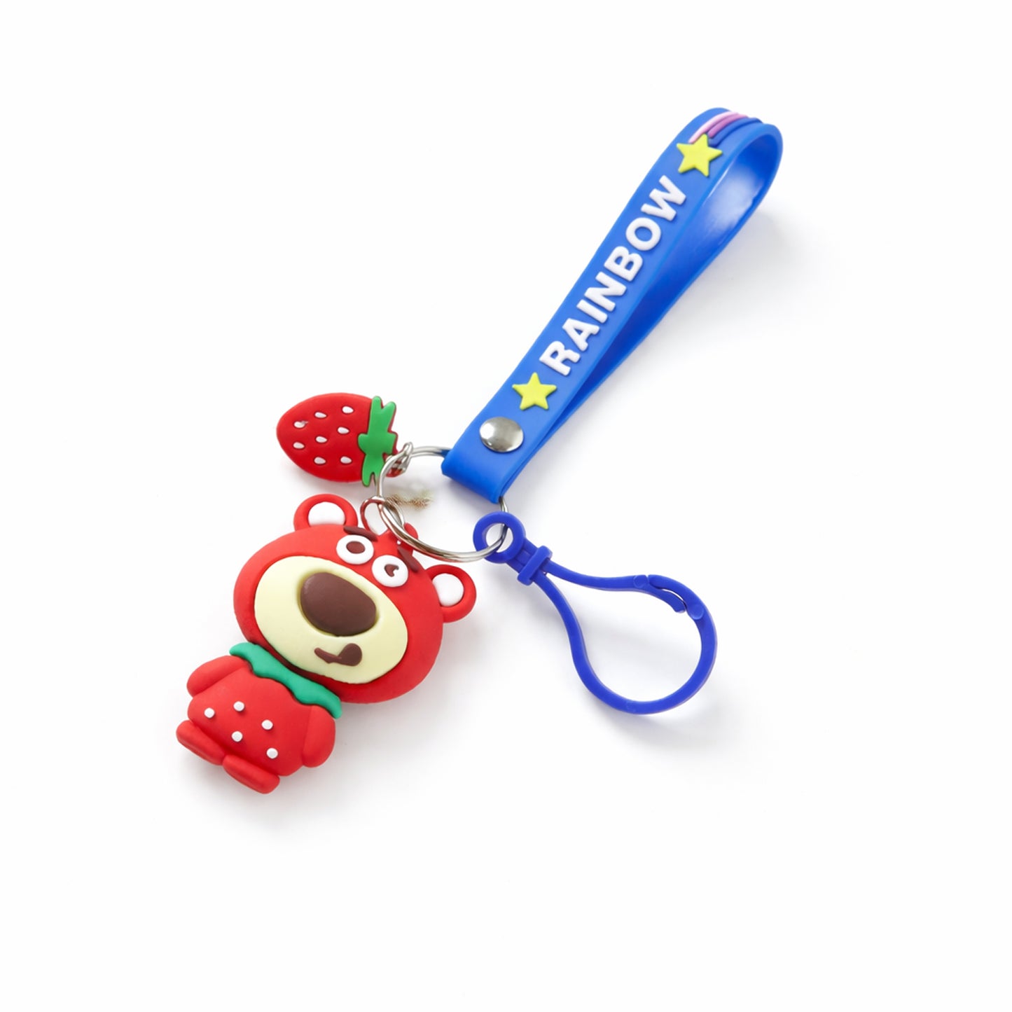 Wukusy cute teddy bear keychain with colorful rainbow strap, attached to a keyring, on a white background.