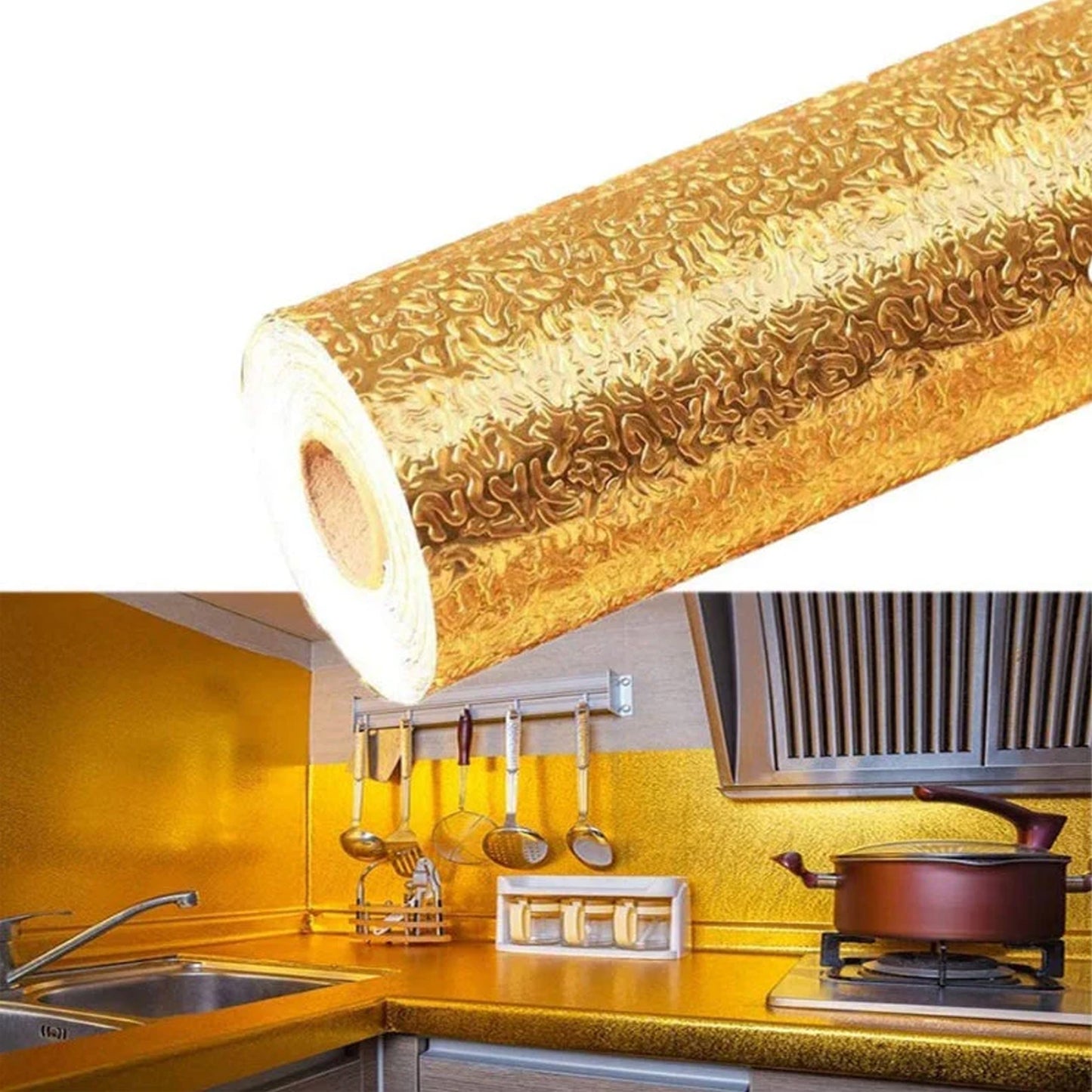 Golden waterproof aluminum foil wallpaper self-adhesive oil-proof sticker for kitchen or decor, 60cm by 2m, by Wukusy.