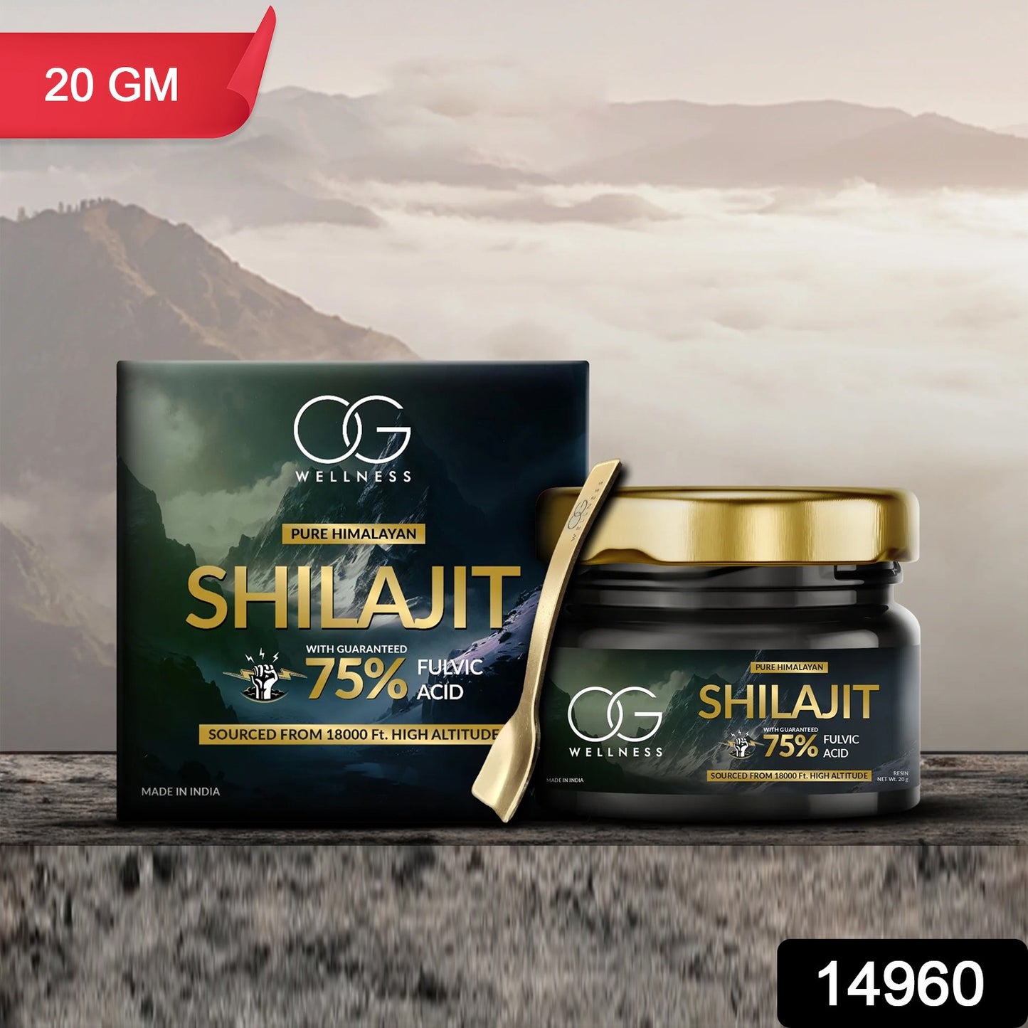 Wukusy Og Wellness Pure Himalayan Shilajit Resin in 20g jar, natural health supplement with dark resin appearance.