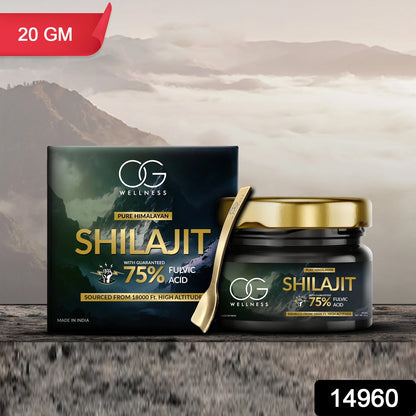 Wukusy Og Wellness Pure Himalayan Shilajit Resin in 20g jar, natural health supplement with dark resin appearance.