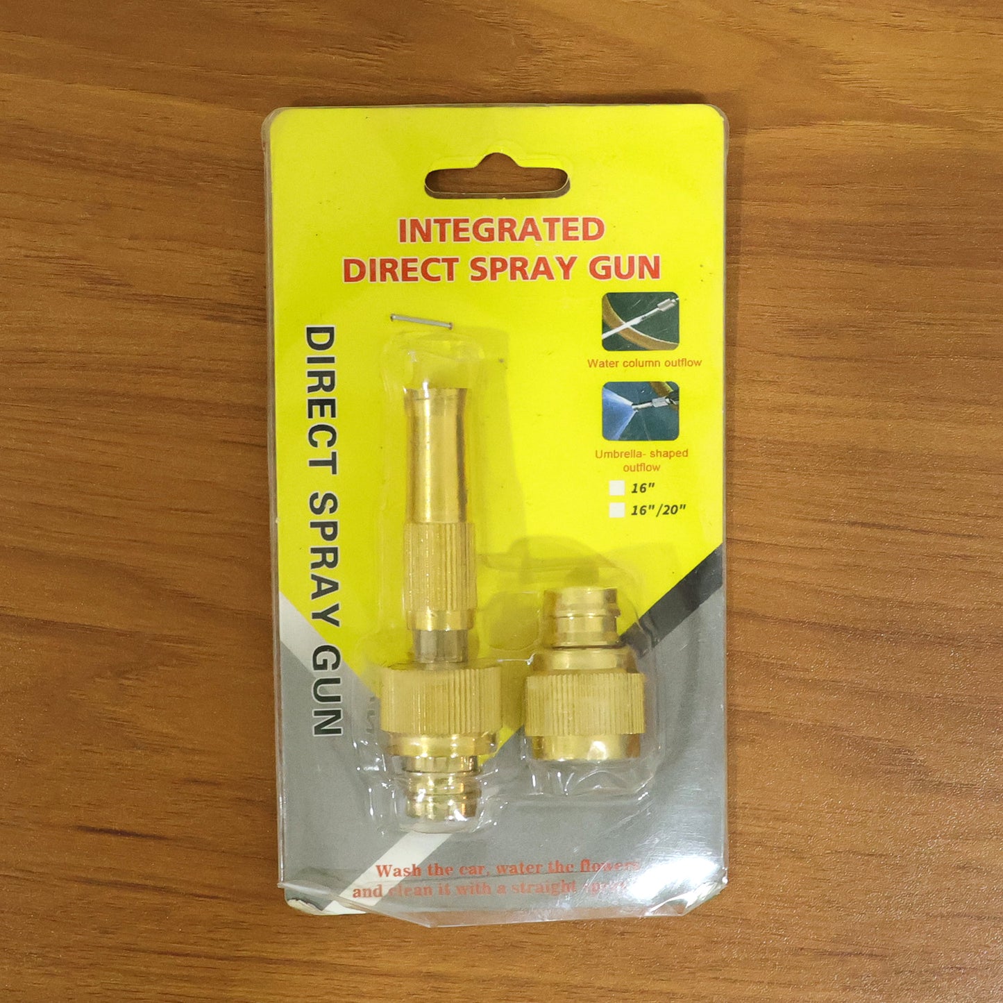Heavy duty brass garden hose spray nozzle from Wukusy, showing a close-up of the durable nozzle with adjustable spray settings.