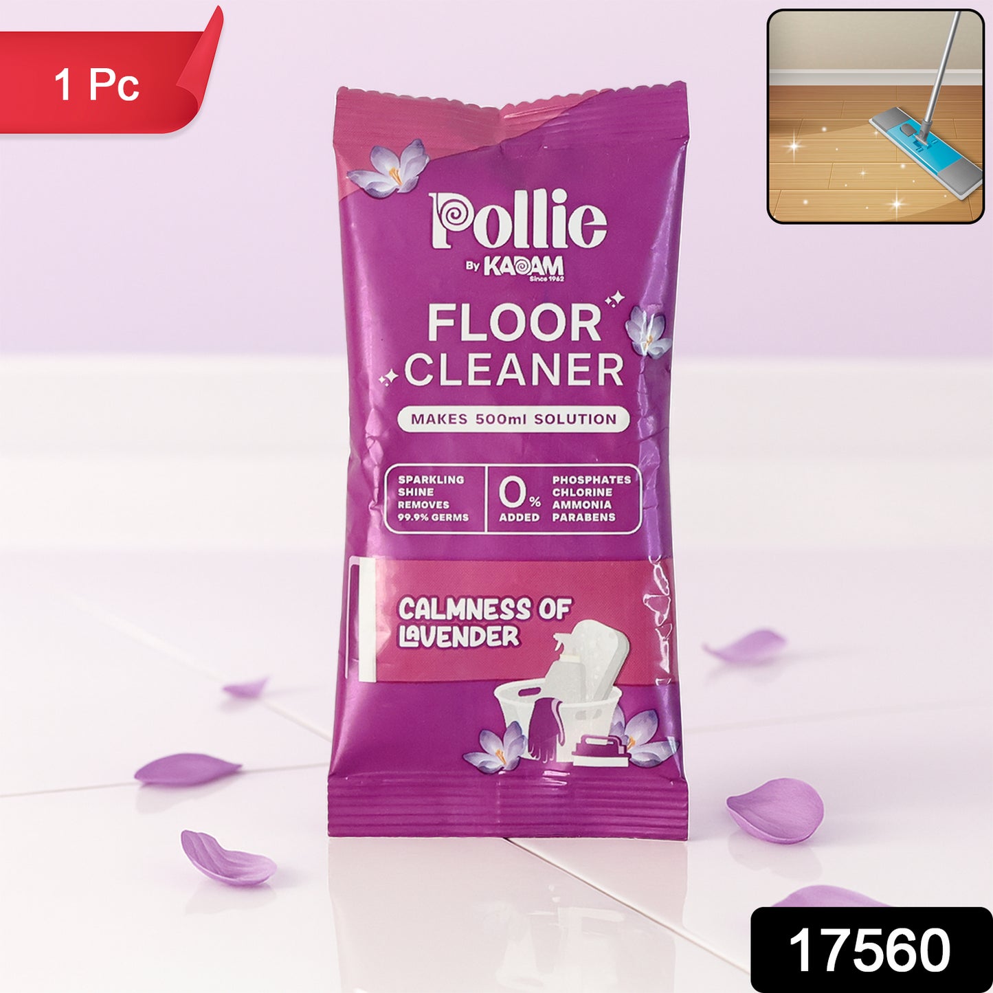 Wukusy Pollic Kadam lavender scented concentrated floor cleaner sachet, 50g, ready for household floor cleaning.