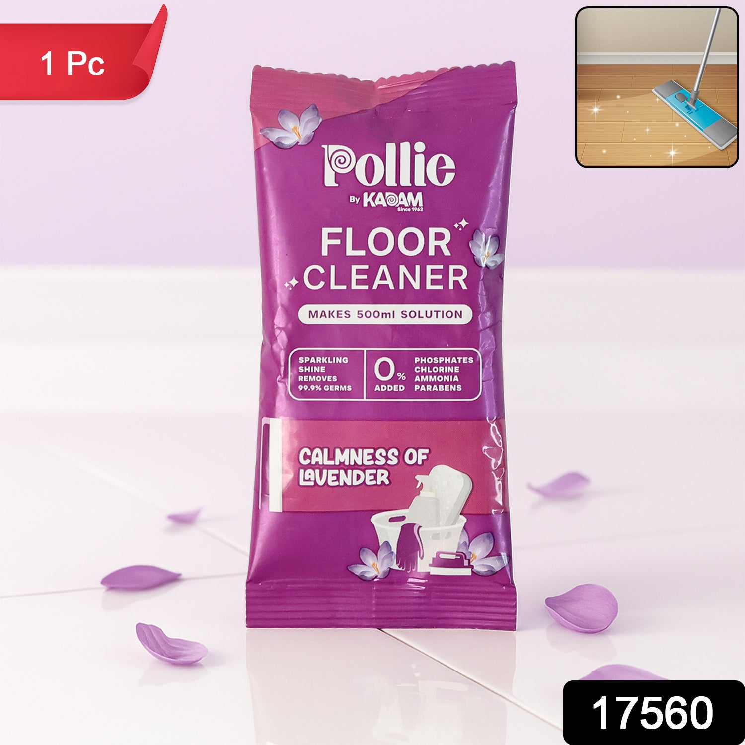 Wukusy Pollic Kadam lavender scented concentrated floor cleaner sachet, 50g, ready for household floor cleaning.