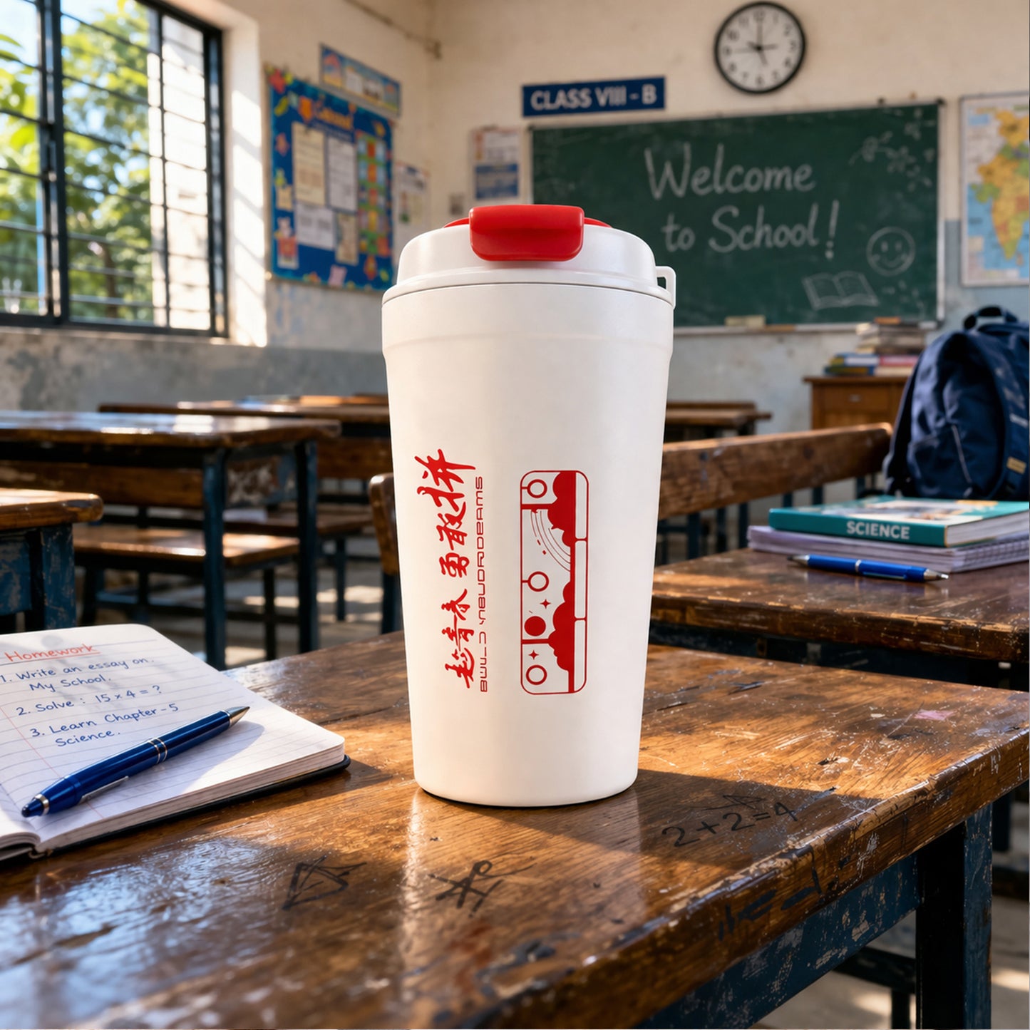 Wukusy vacuum insulated travel mug with lid, 500 ml capacity, showing stainless steel body and spill-proof lid on a white background.