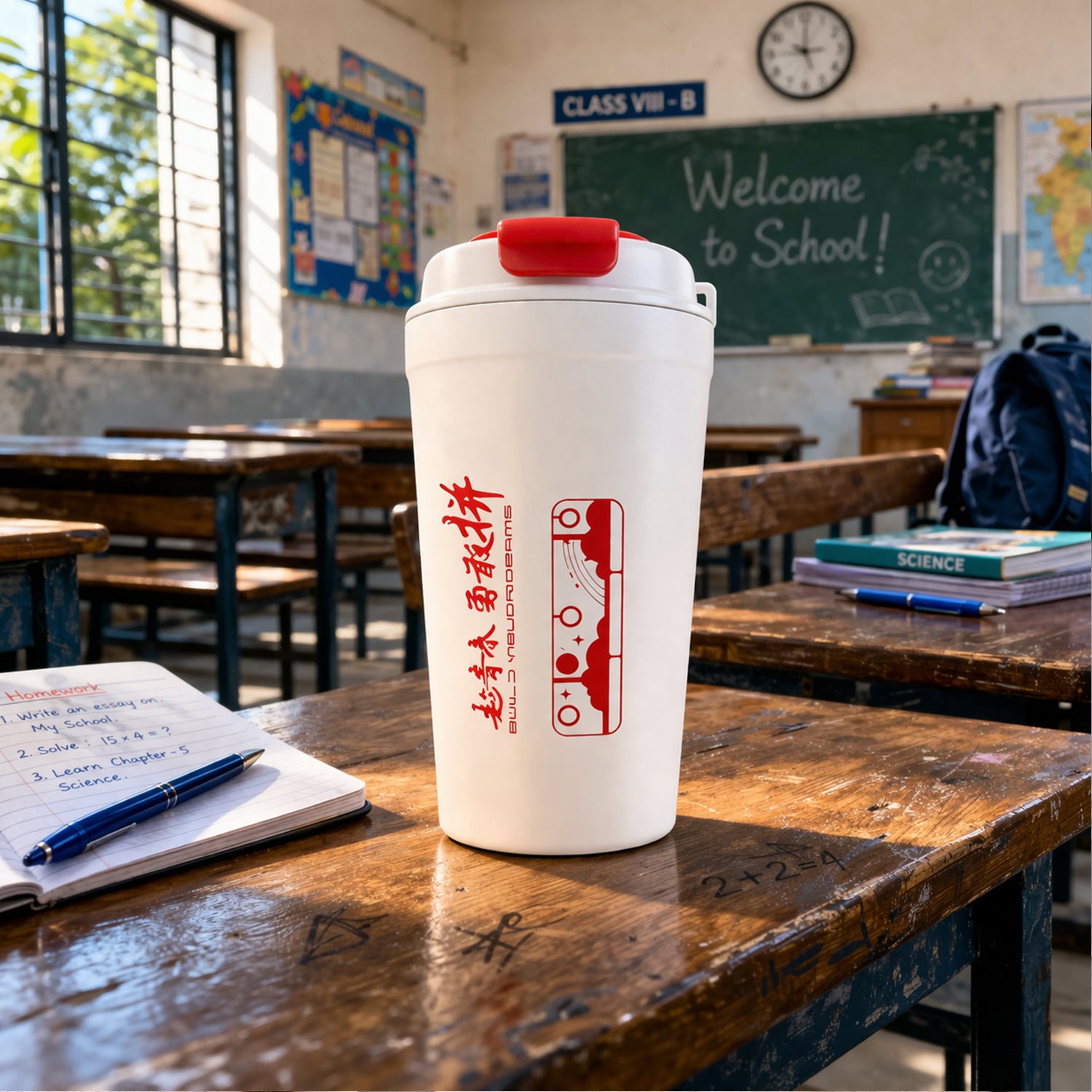 Wukusy vacuum insulated travel mug with lid, 500 ml capacity, showing stainless steel body and spill-proof lid on a white background.