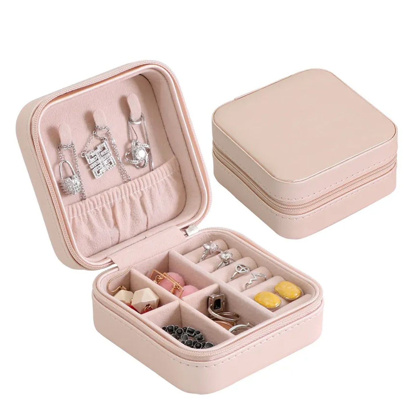 Wukusy mini leather jewelry box for women, portable travel organizer with compartments for rings, earrings, necklaces, and pendants.