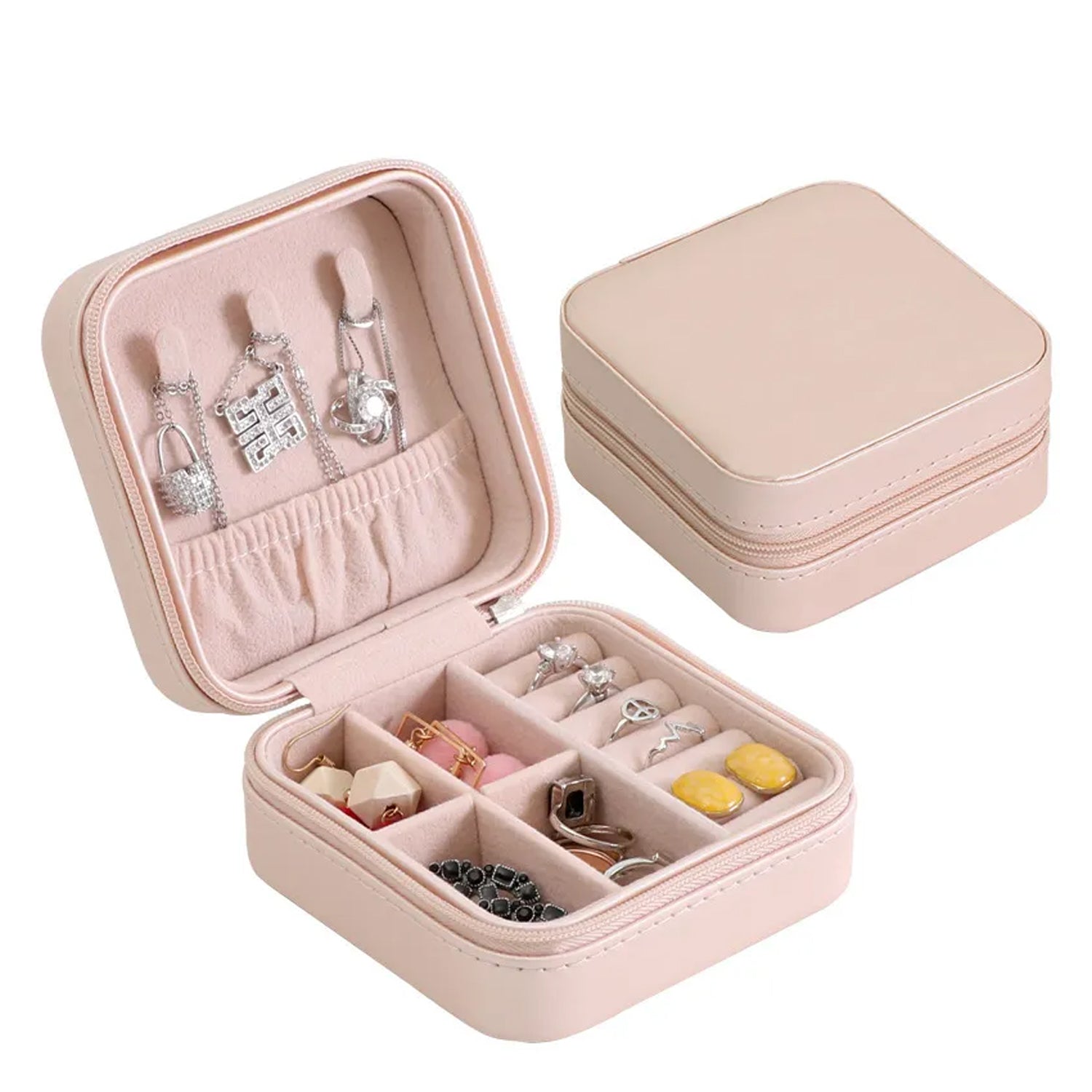 Wukusy mini leather jewelry box for women, portable travel organizer with compartments for rings, earrings, necklaces, and pendants.