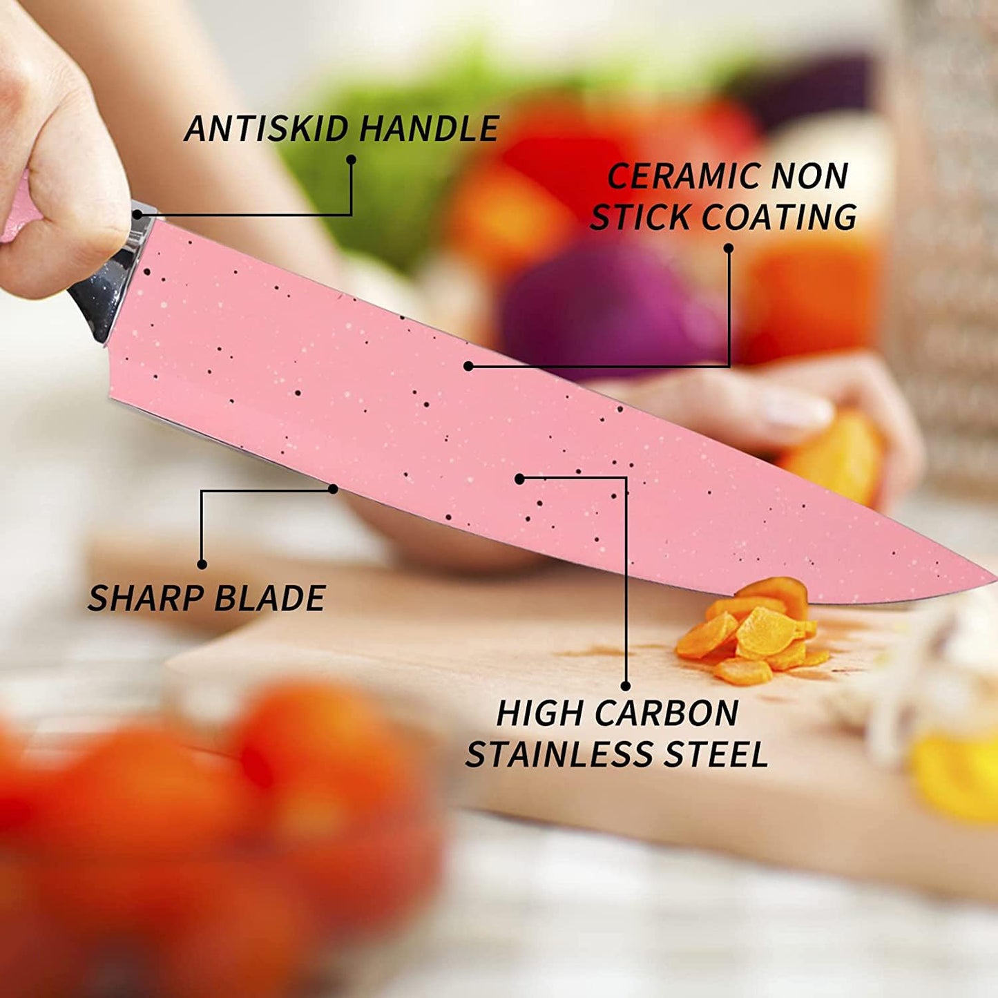 Wukusy stainless steel 6-piece kitchen knife set with ceramic non-stick coating, including scissors and peeler, on a kitchen countertop.