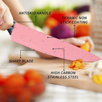 Wukusy stainless steel 6-piece kitchen knife set with ceramic non-stick coating, including scissors and peeler, on a kitchen countertop.