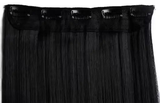 Ekom natural black straight synthetic hair extensions, 24-inch 5-clip set, displayed in a bathroom setting