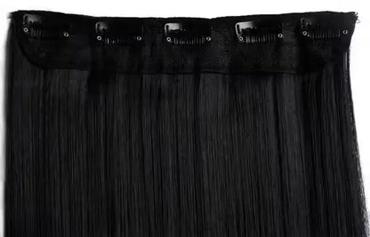 Ekom natural black straight synthetic hair extensions, 24-inch 5-clip set, displayed in a bathroom setting