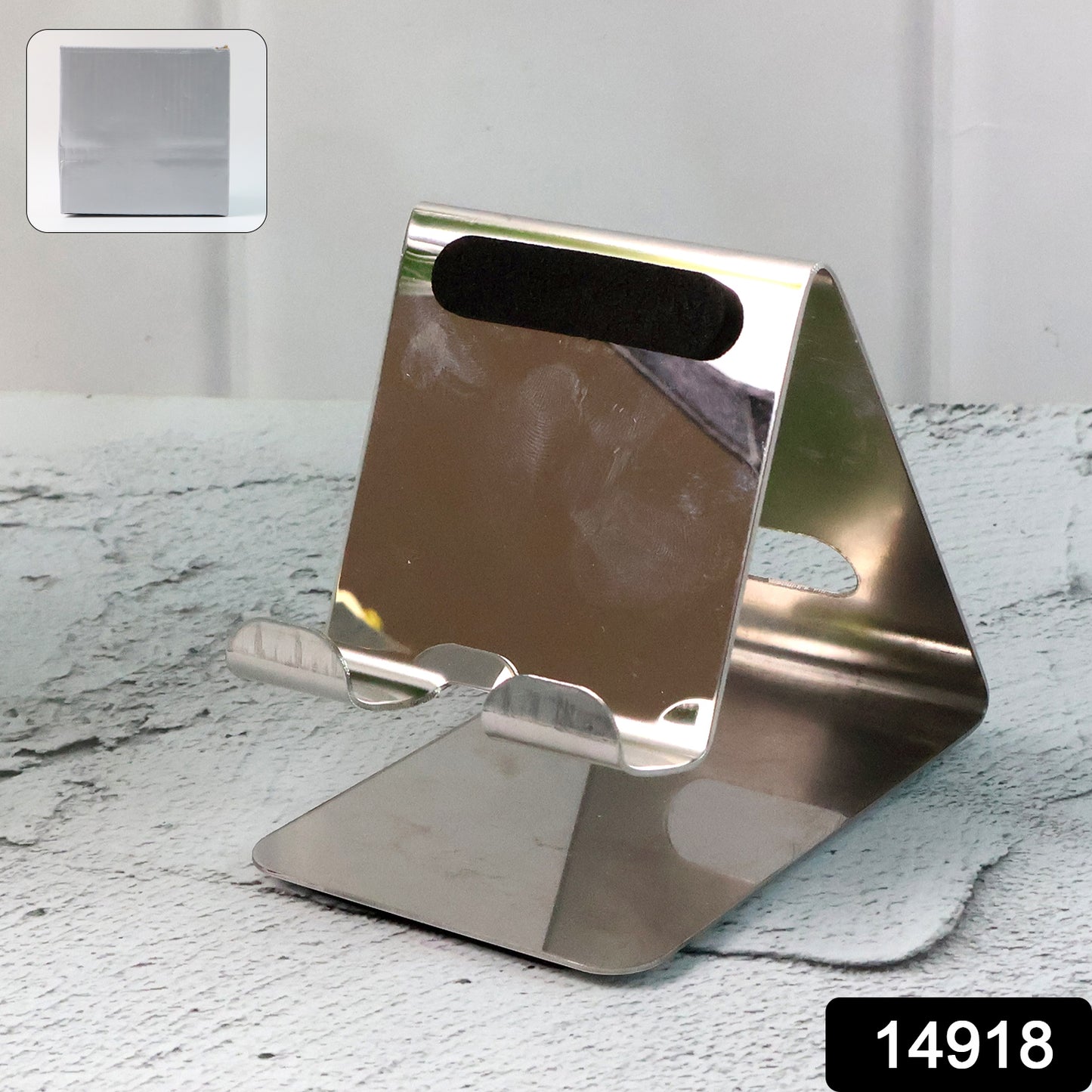 Wukusy stainless steel universal mobile and tablet stand holder showing adjustable grip for smartphones and tablets.