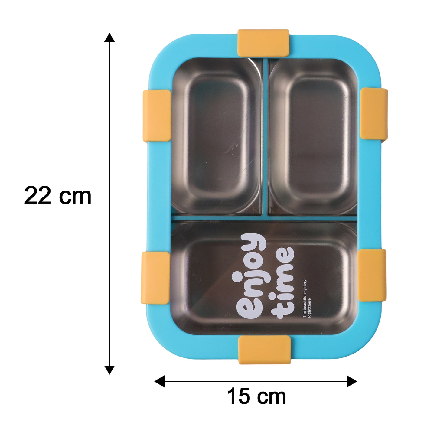 Stainless steel Wukusy 3-compartment lunch box with spoon and fork, 600ml capacity, featuring airtight design and divided sections.