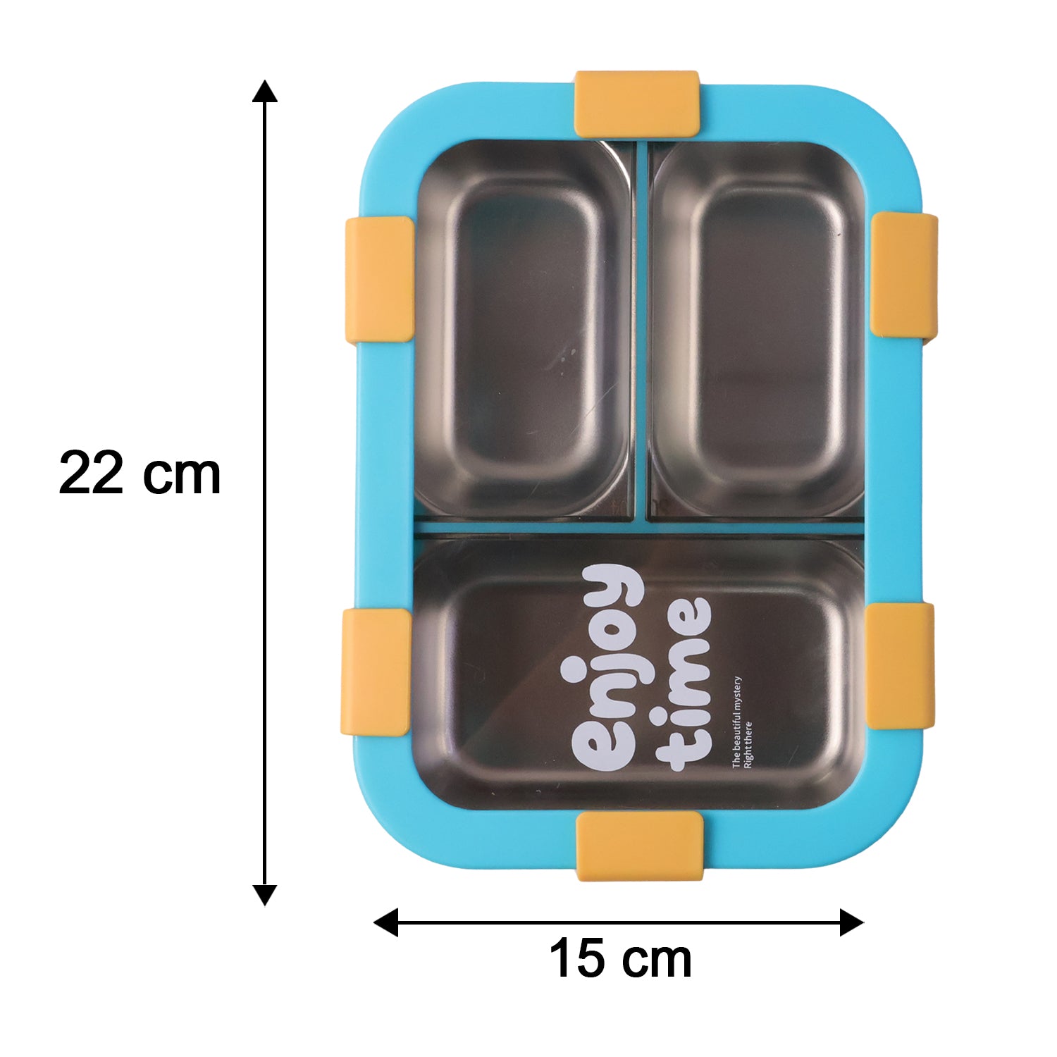 Stainless steel Wukusy 3-compartment lunch box with spoon and fork, 600ml capacity, featuring airtight design and divided sections.