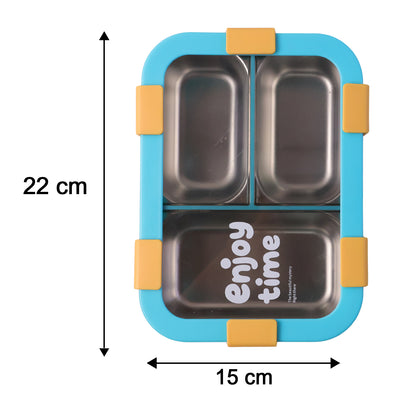 Stainless steel Wukusy 3-compartment lunch box with spoon and fork, 600ml capacity, featuring airtight design and divided sections.