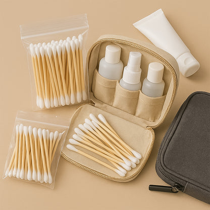 Eco-friendly wooden cotton ear buds from Wukusy, 100-pack with natural wood finish and soft cotton tips for gentle ear cleaning.