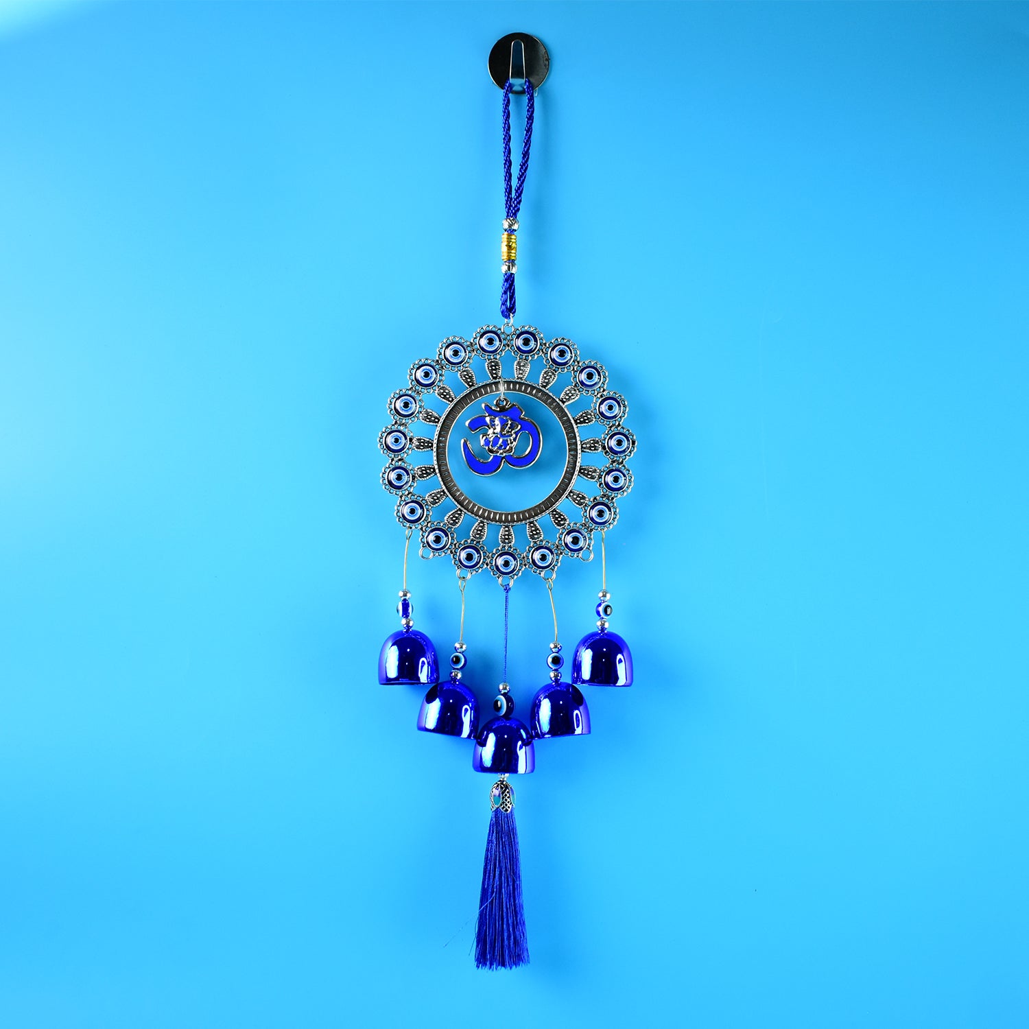 Decorative Om Evil Eye wind chime wall hanging by Wukusy featuring colorful glass beads and a metal Om charm.