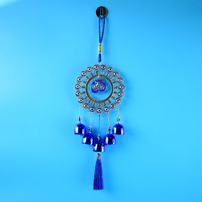 Decorative Om Evil Eye wind chime wall hanging by Wukusy featuring colorful glass beads and a metal Om charm.