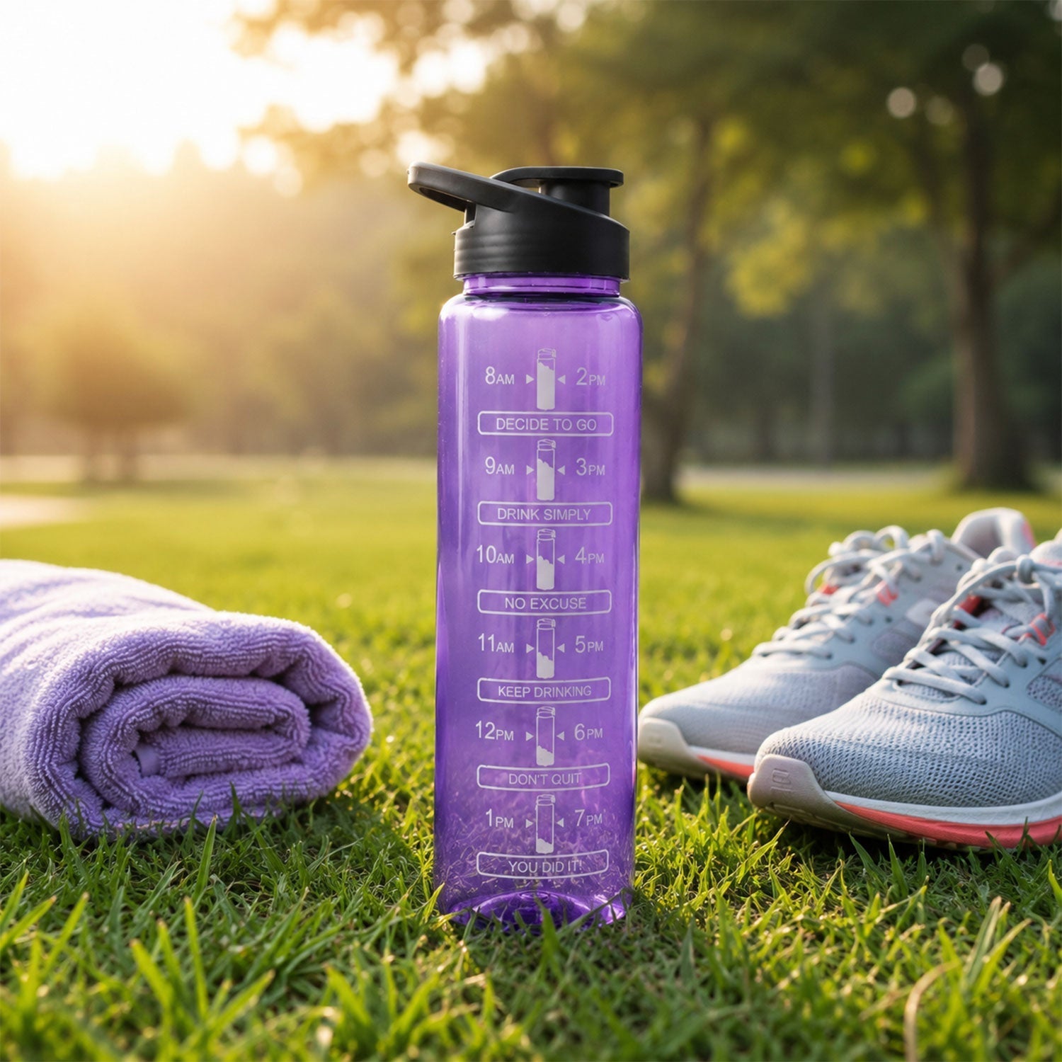 Wukusy 1000ml plastic motivational water bottle with time marker and flip lid, showing clear measurement markings and sleek design