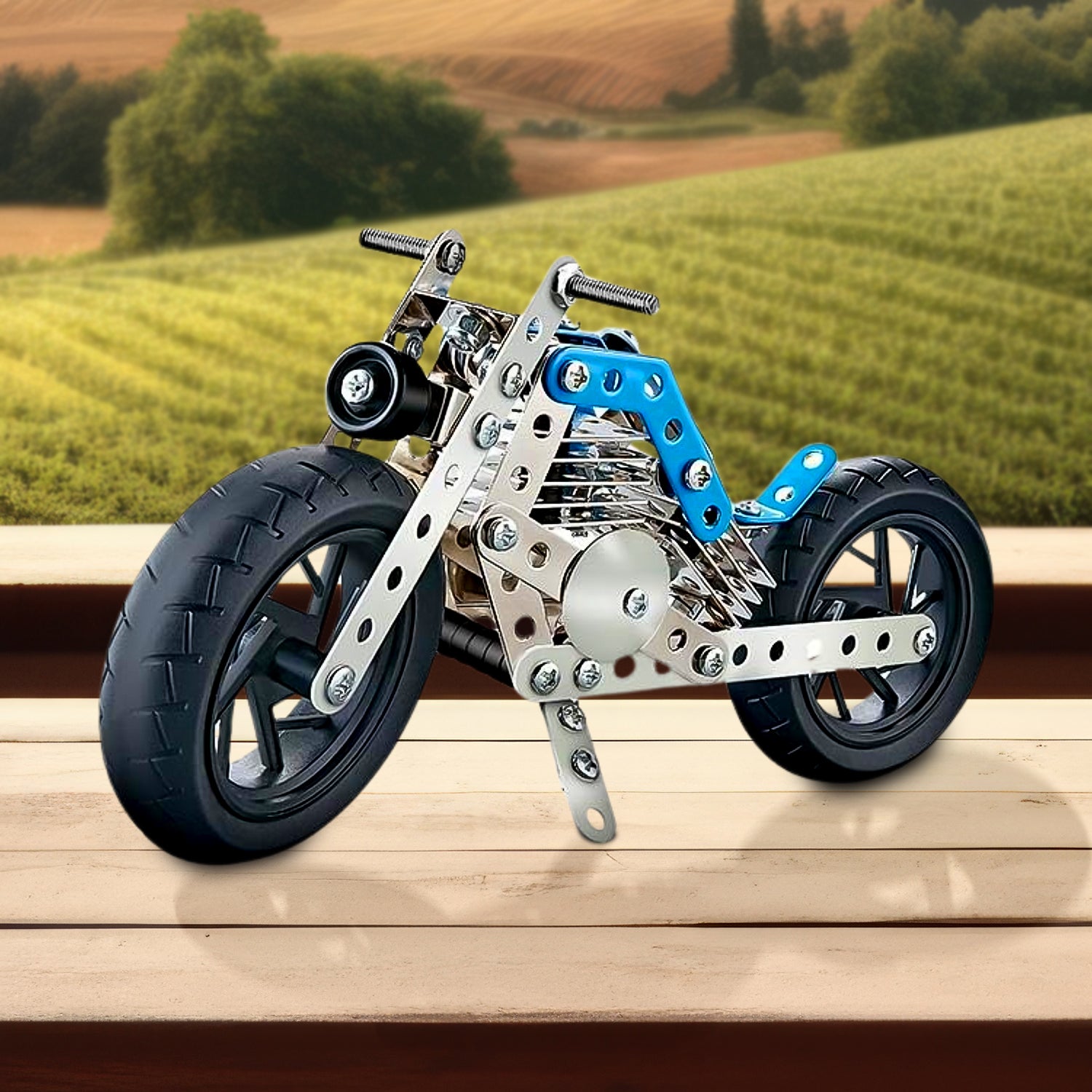 Wukusy metal bike construction engineering toy kit with 140 parts, includes mechanical tools for creative bike building and assembly.