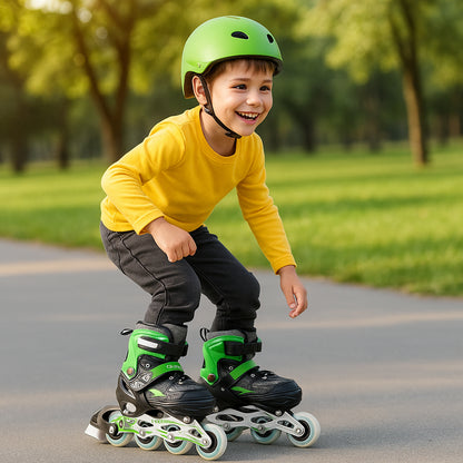 Wukusy professional adjustable inline skates for kids and adults, featuring black and blue design with secure straps and wheels.