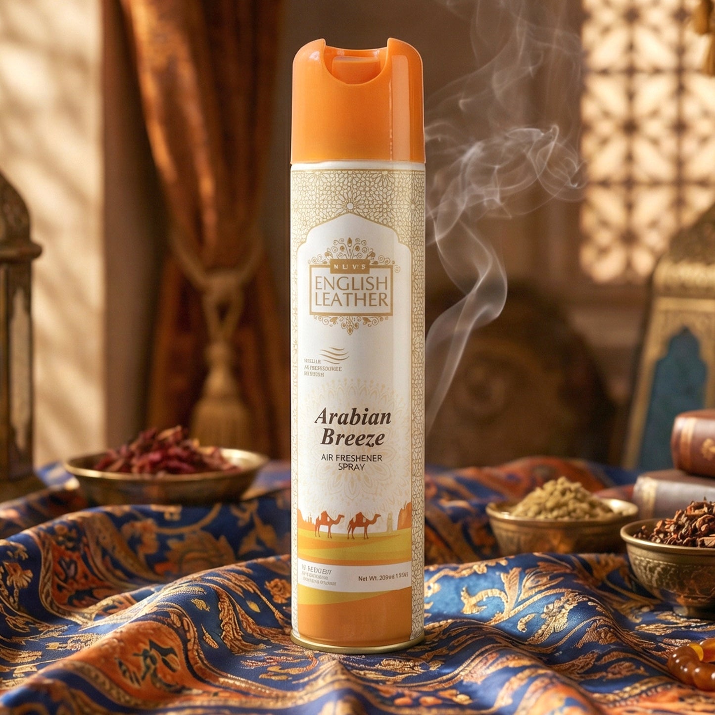 Next Premium English Leather Arabian Breeze air freshener spray by Wukusy, 220 ml, with a sleek bottle and elegant design.