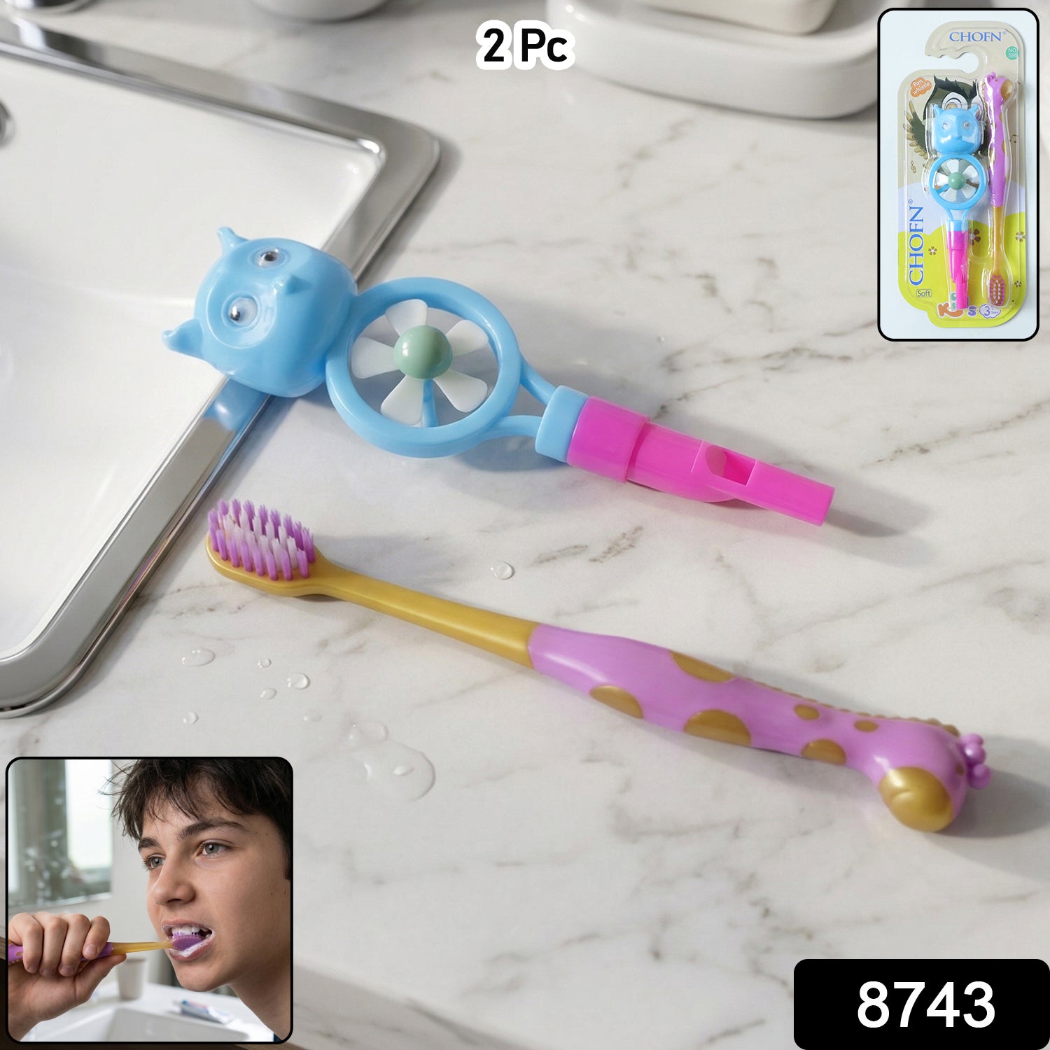 Kids toothbrush set with cartoon whistle fan, featuring colorful handles and fun designs, by Wukusy.