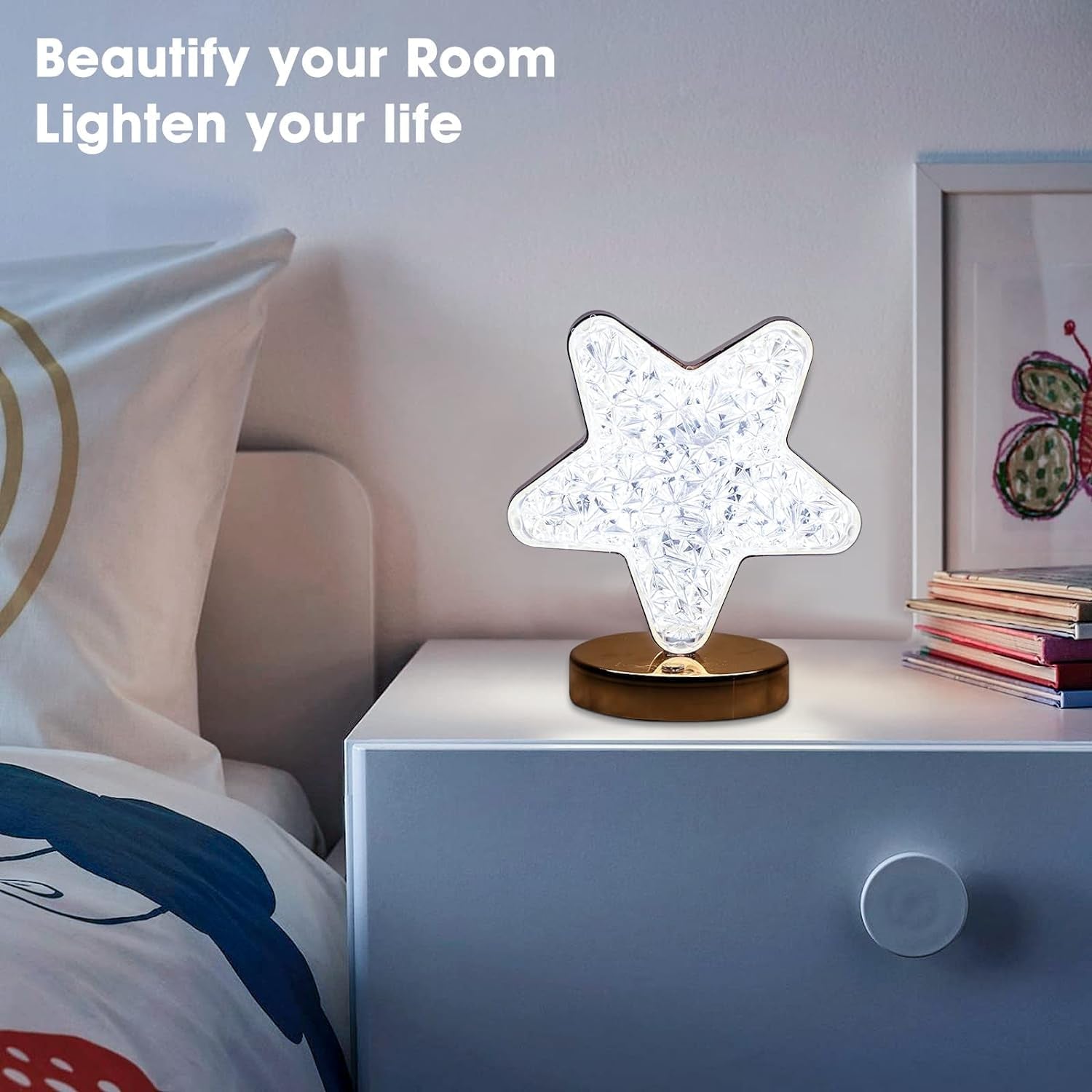 Wukusy star-shaped crystal diamond cordless lamp with touch control, USB rechargeable, 3-way dimmable nightstand lamp for bedroom or living room