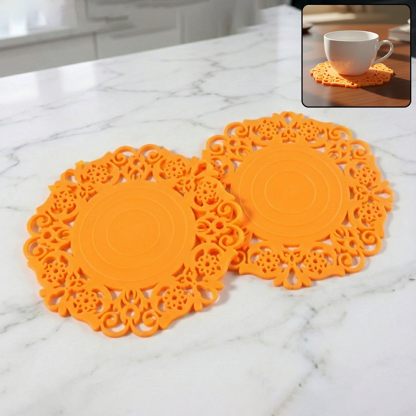 Wukusy heat-resistant decorative hot mat and cup coaster set with two 10 cm round absorbent pads on a wooden table.