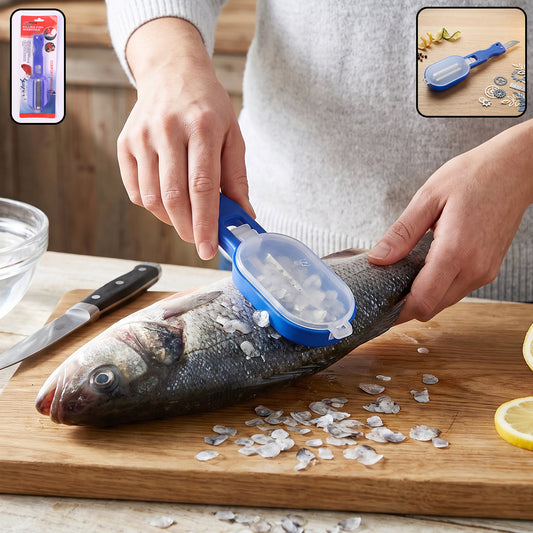 Wukusy fish scaler scraper with lid, used for removing scales and skin from fish in kitchen, shown with the product in close-up.