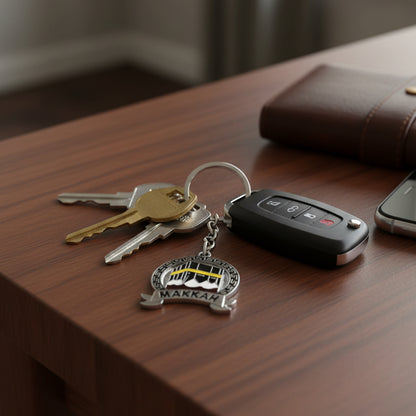Wukusy premium Makkah design metal keychain with round pendant, featuring intricate Islamic pattern, on a plain background.