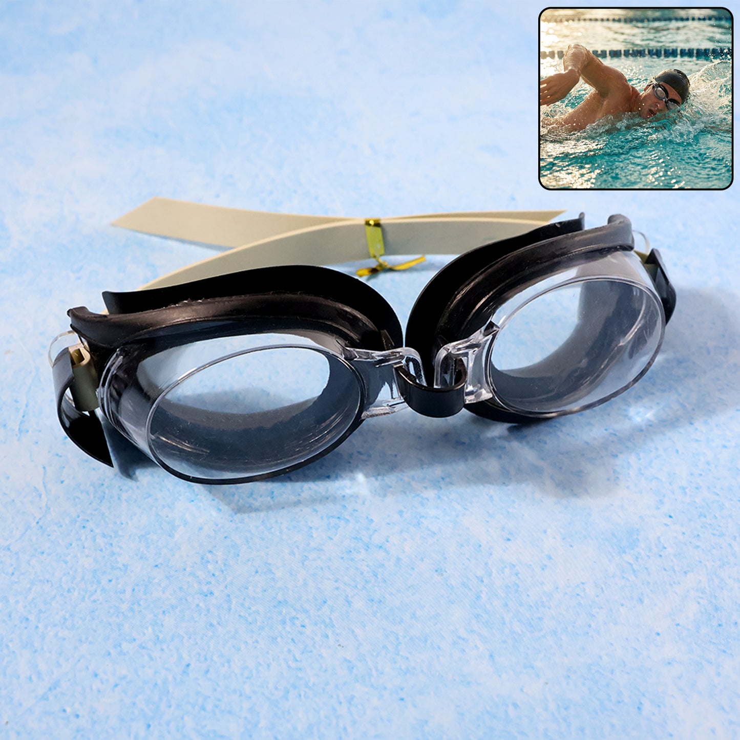Wukusy UV protection swimming goggles with clear lenses and adjustable strap, designed for comfortable swimming and eye protection.