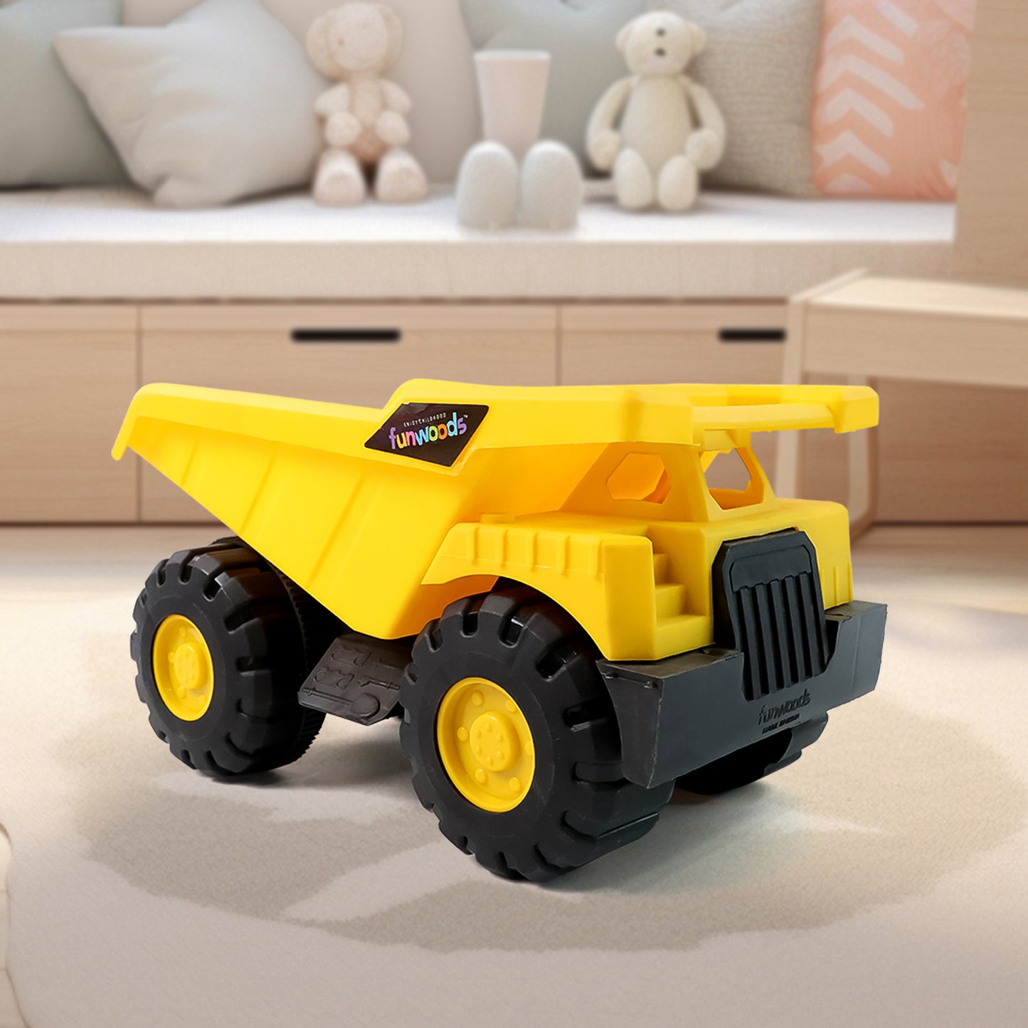 Wukusy Funwoods friction-powered dump truck toy with red and yellow plastic body and black wheels, designed for children.
